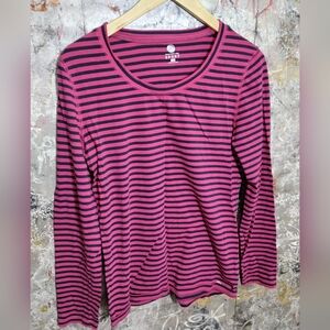 Jones New York Pink and Navy Striped Long Sleeve Tee Size L